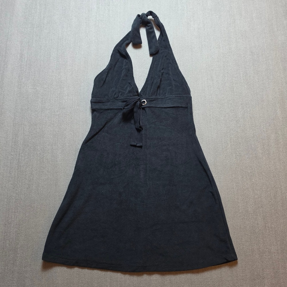 Venus Terry Cloth Halter Dress Women M Black Tie Front Beach Coverup